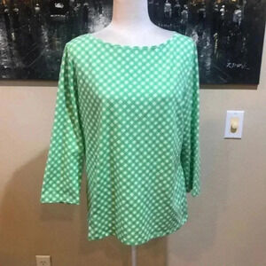 Talbots Tee Green and White Square Boat Neck Blouse with 3/4 Sleeves-Size L